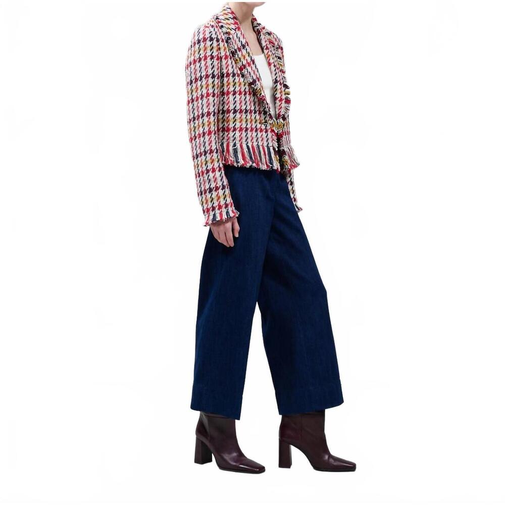 NEW AKRIS PUNTO women's check tweed maxi fringes jacket in cream multi - Picture 3 of 3